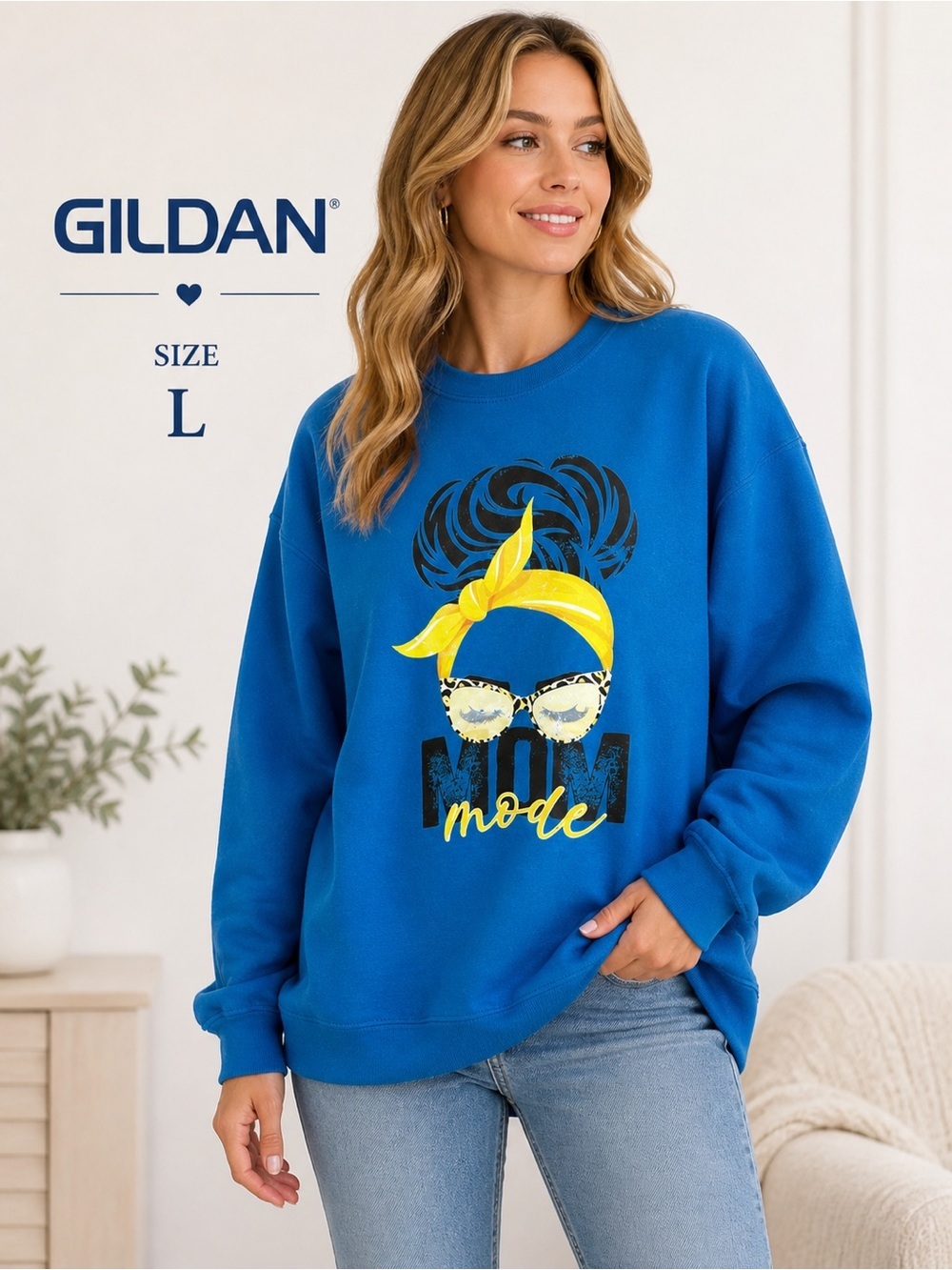 Gildan “Mom Mode” Graphic Sweatshirt Blue Size L Cozy Casual Pullover
